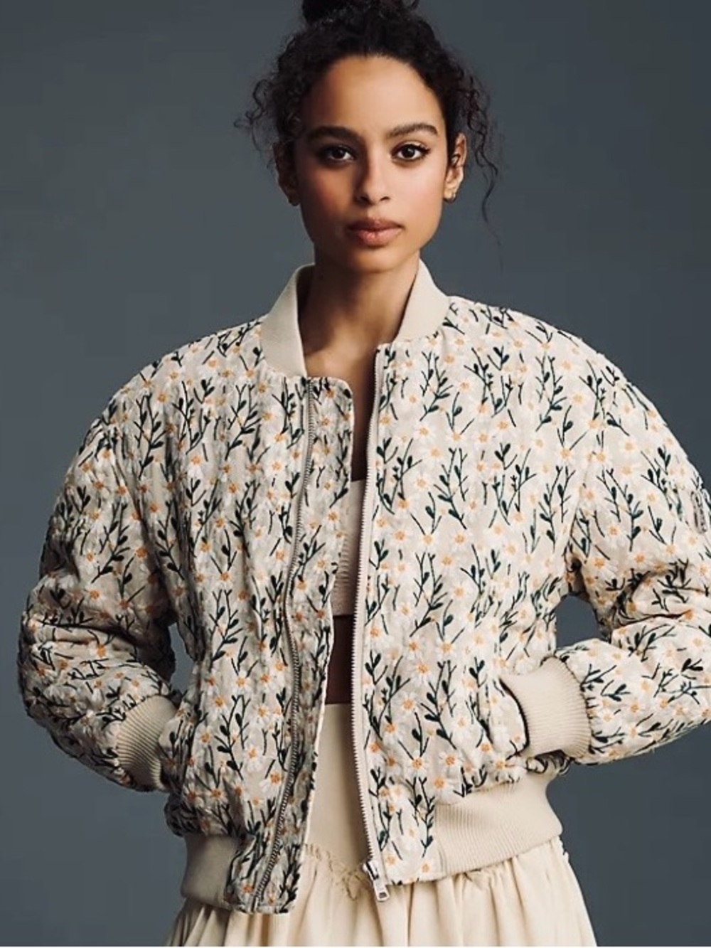 Avec Les Filles Anthropologie NWT Ivory Embroidered Daisy Bomber Jacket Small